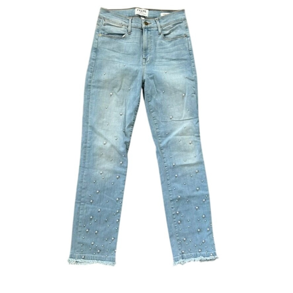 Frame Le High Straight‎ Double Frayed Hem Pearl Applique Sz 27 Chic